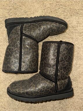 UGG Classic Short Metallic Jaguar Print Black Gold Boots 6